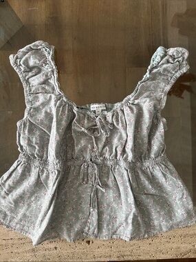 Ruffle-Shoulder Floral Drawstring Camisole in Light Sage